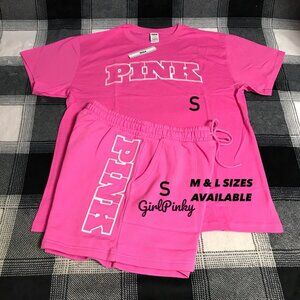 VS PINK IVY FLEECE CLASSIC SHORTS OUTFIT WITH CAMPUS TEE IN PINK GOSSIP